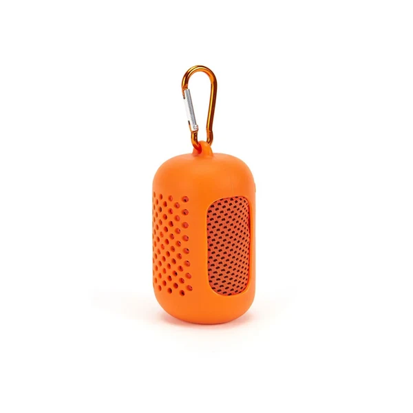 Orange silicone cooling towel case with carabiner