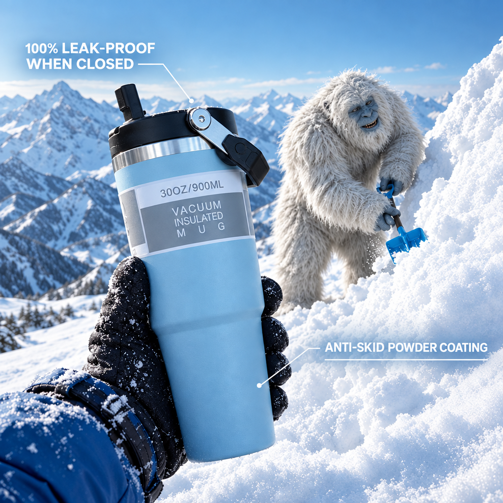 Fictional yeti snowdrift tumbler advertisement
