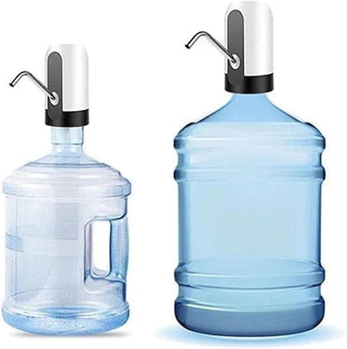 Water dispenser pump shown on two different bottle sizes