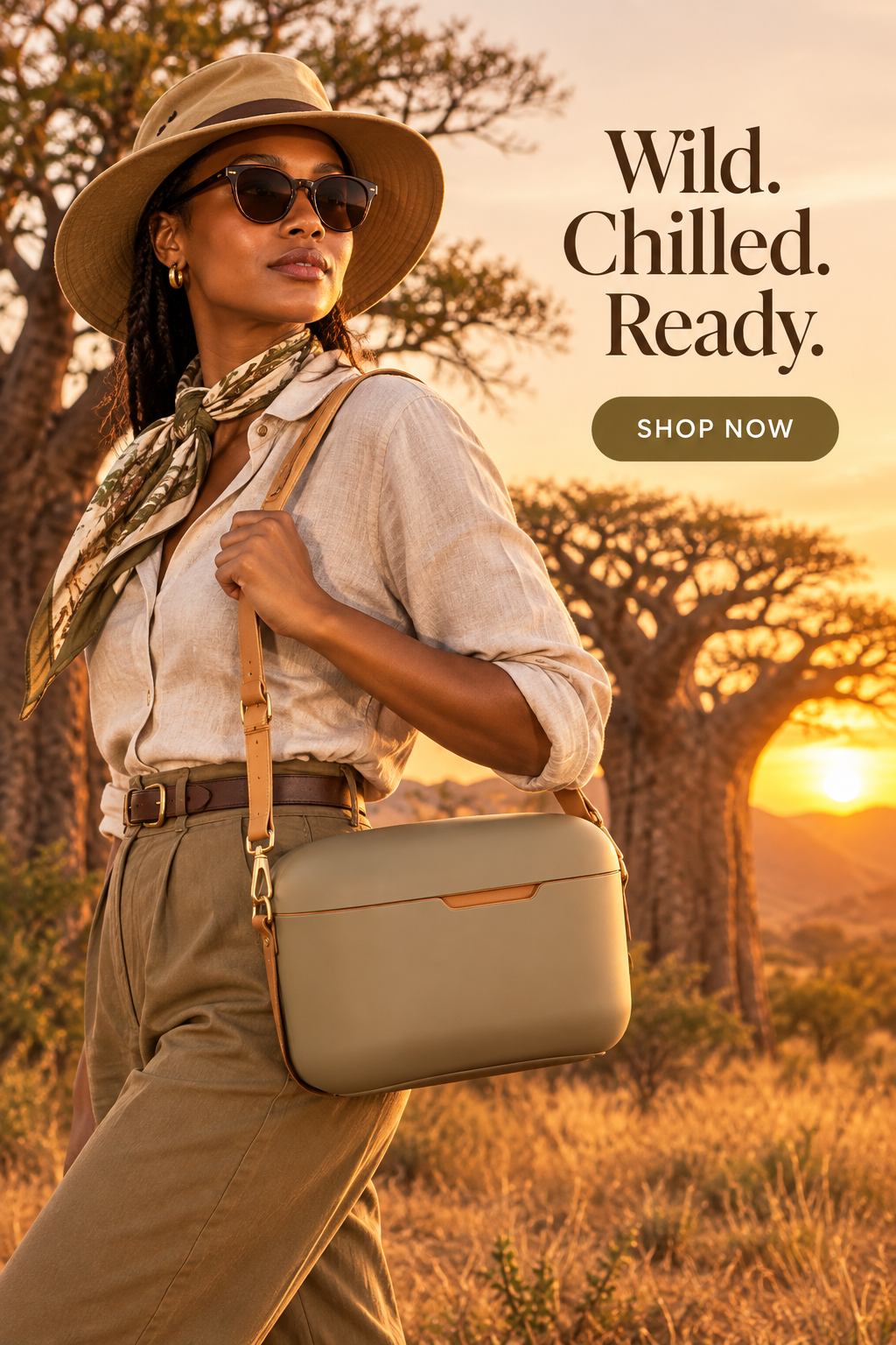 Khaki cooler beside a baobab in the Limpopo savanna