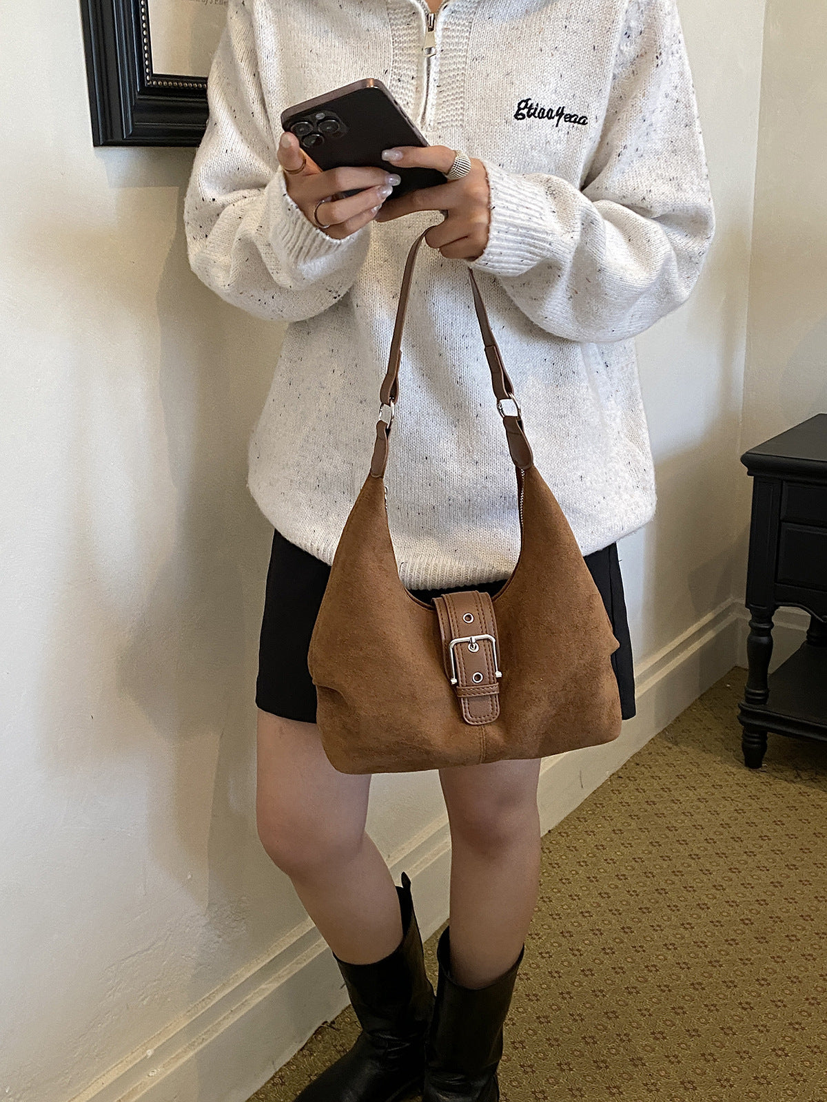 Vintage Suede Hobo Shoulder Bag for Women