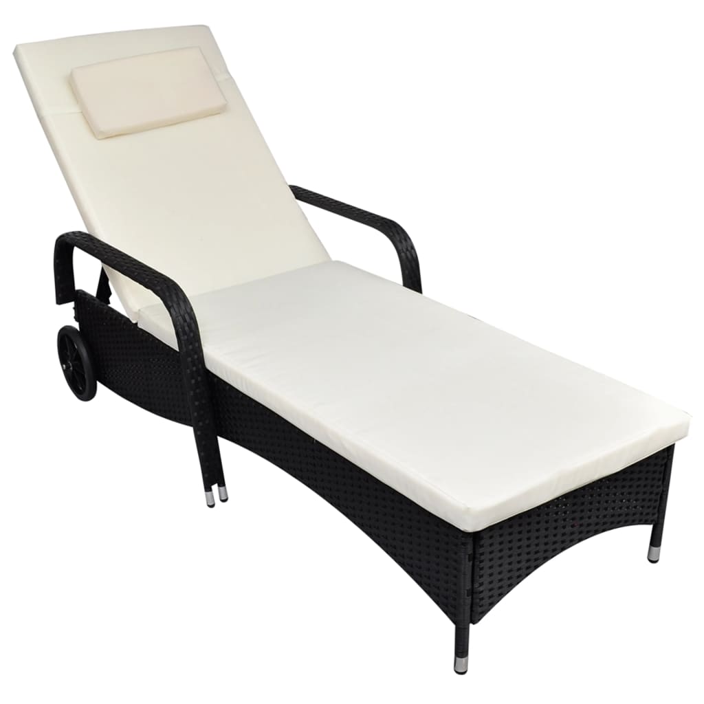 NNEVL Sun Lounger with Cushion & Wheels Poly Rattan Black-0