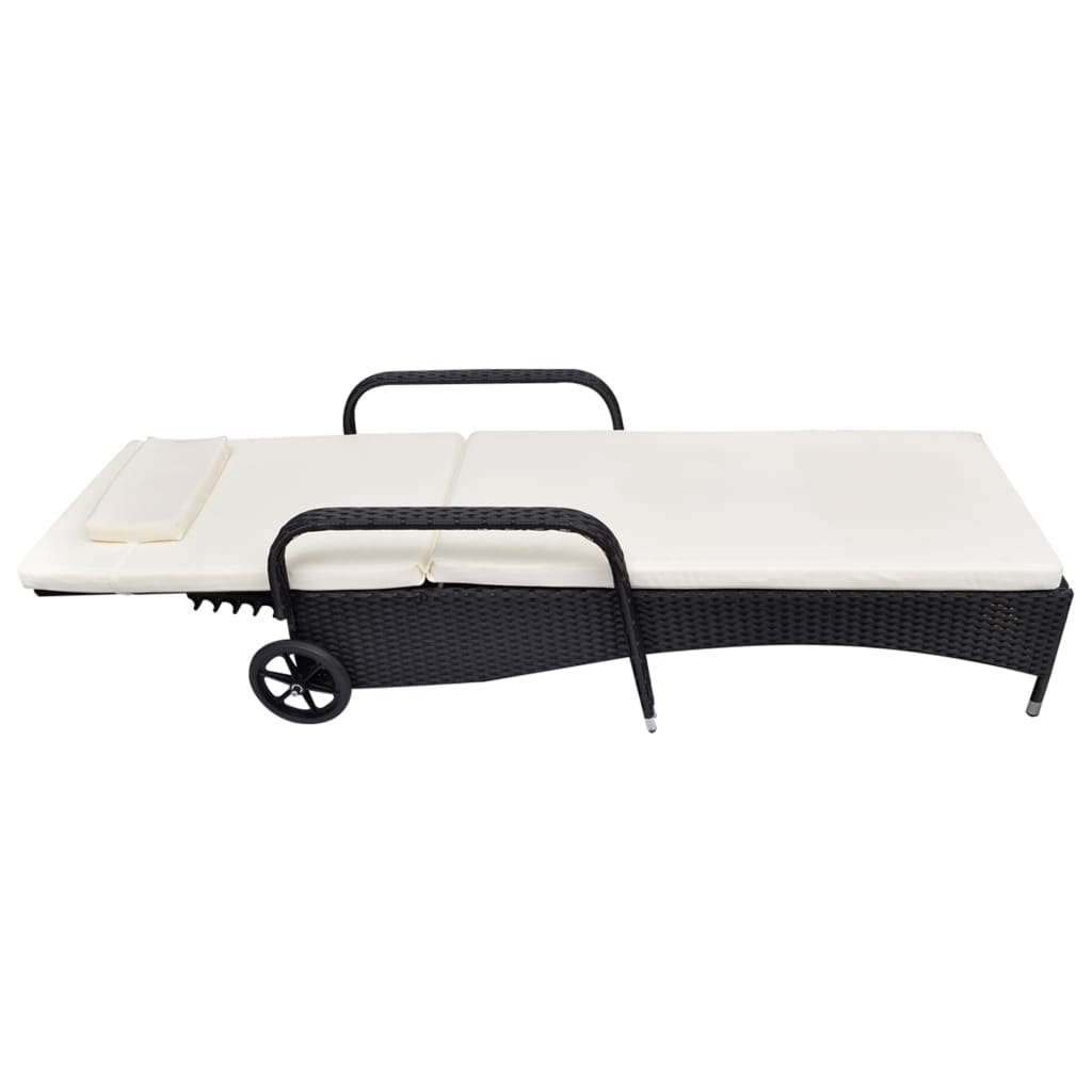 NNEVL Sun Lounger with Cushion & Wheels Poly Rattan Black-1