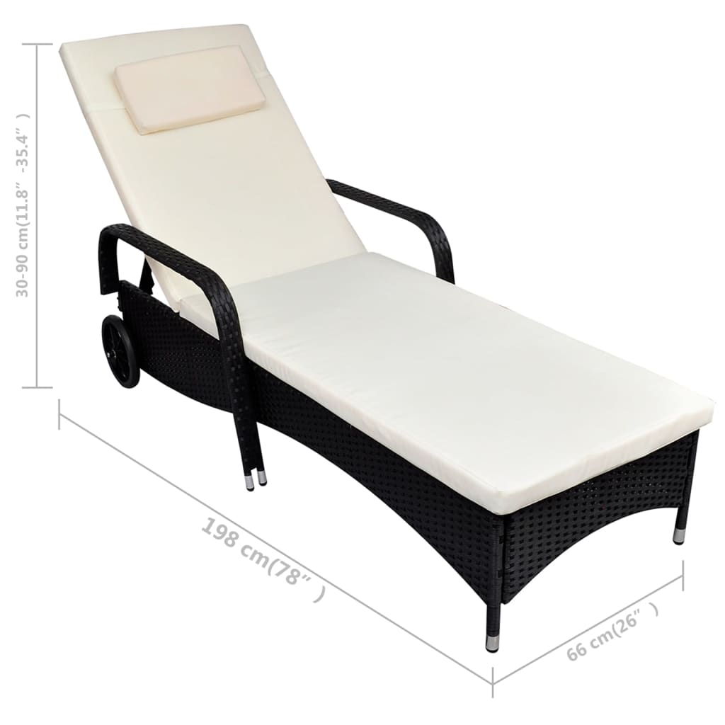 NNEVL Sun Lounger with Cushion & Wheels Poly Rattan Black-2