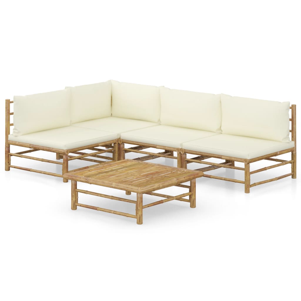 NNEVL 5 Piece Garden Lounge Set with Cream White Cushions Bamboo-0