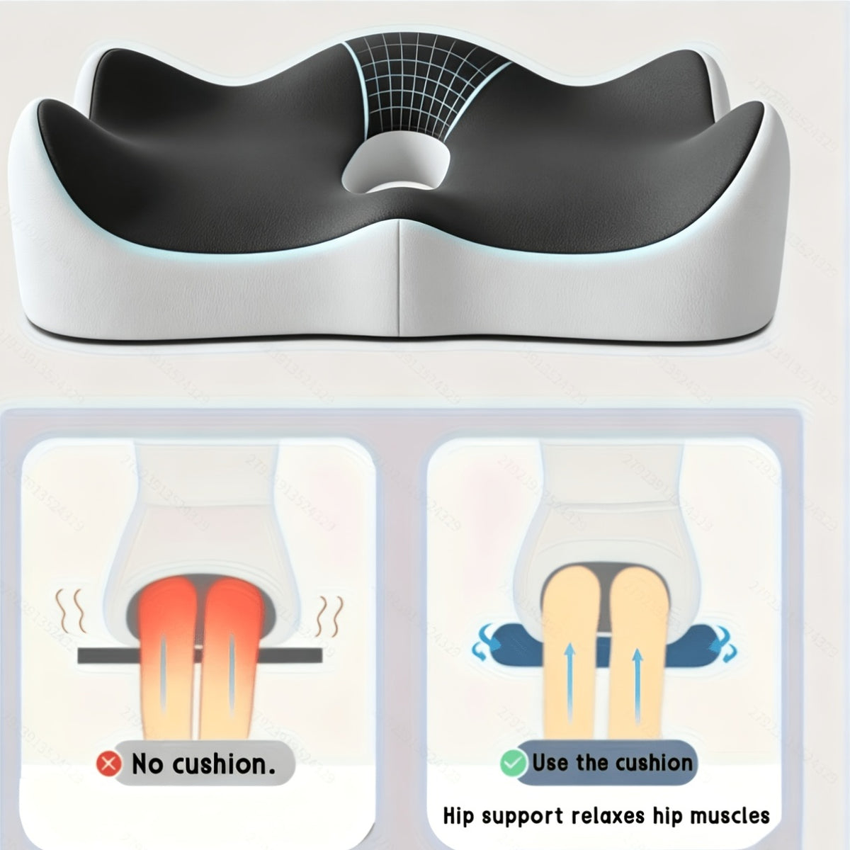 Supplier size diagram for deep-contour cushion showing 40 by 34 by 8 centimetres