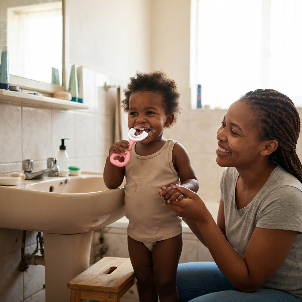 South African mother and toddler brushing with the U-shaped silicone toothbrush in the bathroom