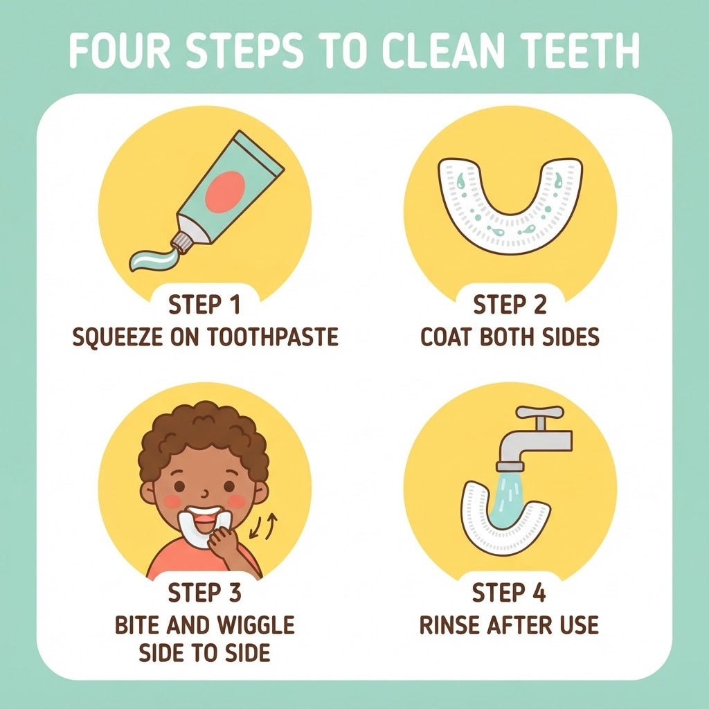 Four step instruction infographic for using the kids U-shaped toothbrush