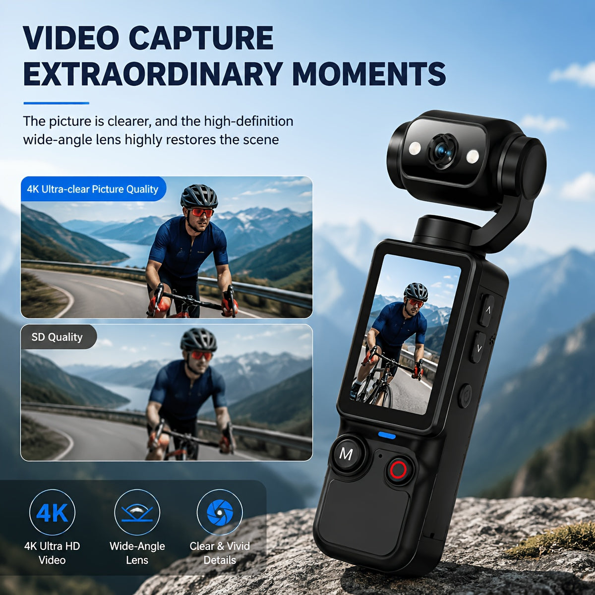 Supplier photo of black handheld 4K camera and pictured accessories