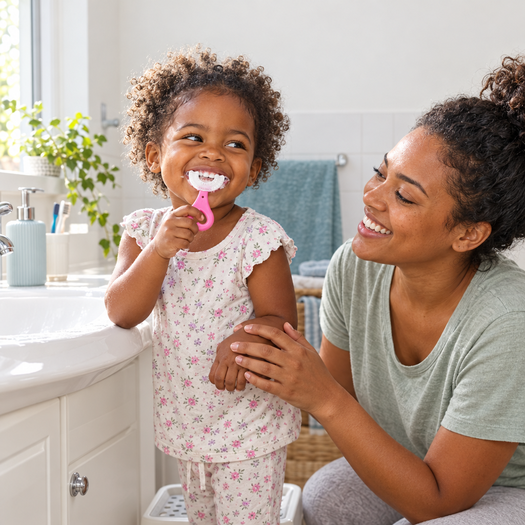 Mother and smiling toddler using the pink U-shaped silicone toothbrush at a bathroom basin