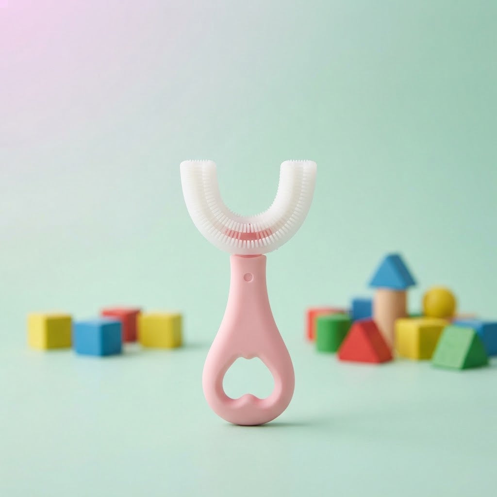 Pink and white U-shaped silicone kids toothbrush product hero with wooden blocks