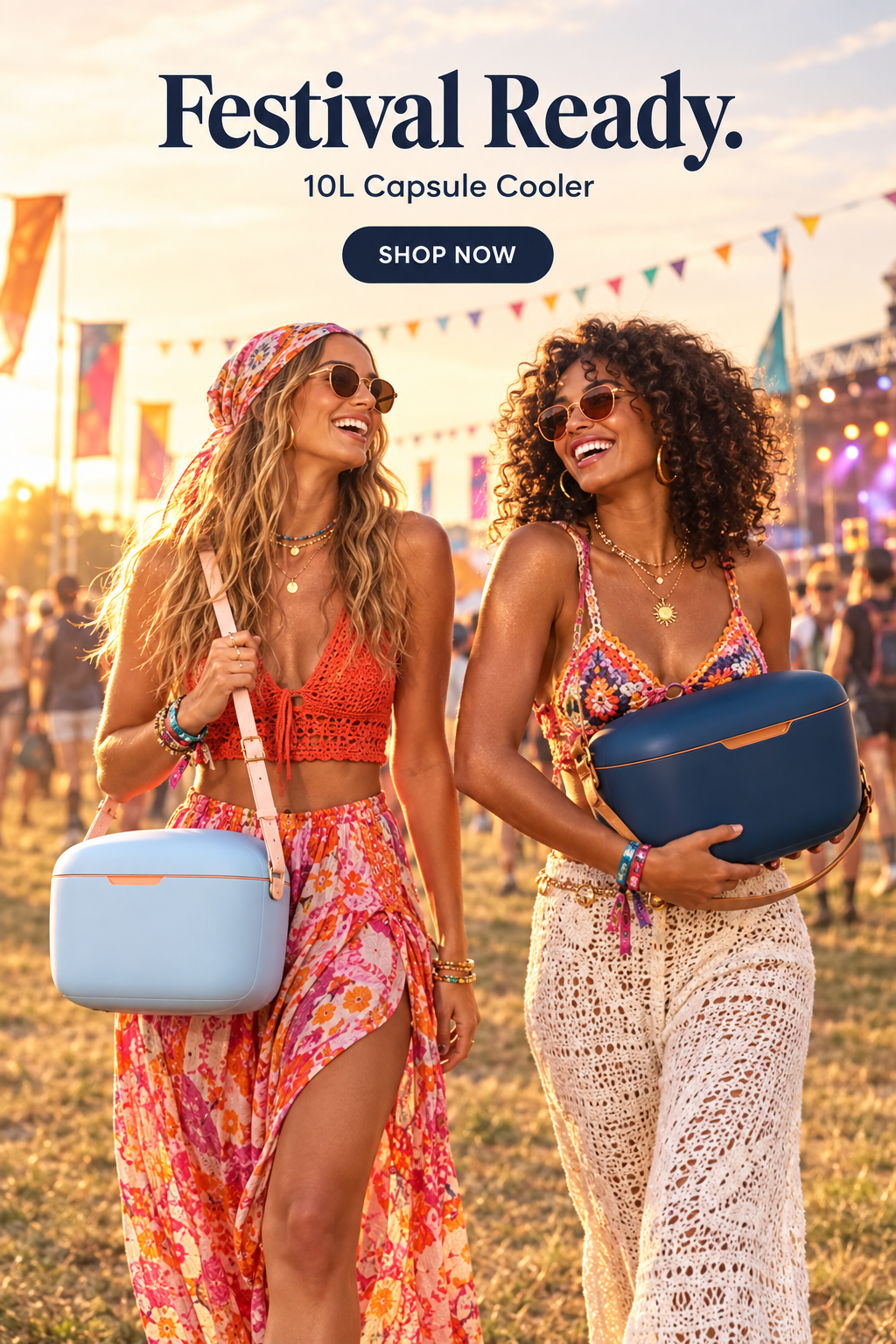 Festival Ready: two friends carrying 10L coolers at true handbag scale