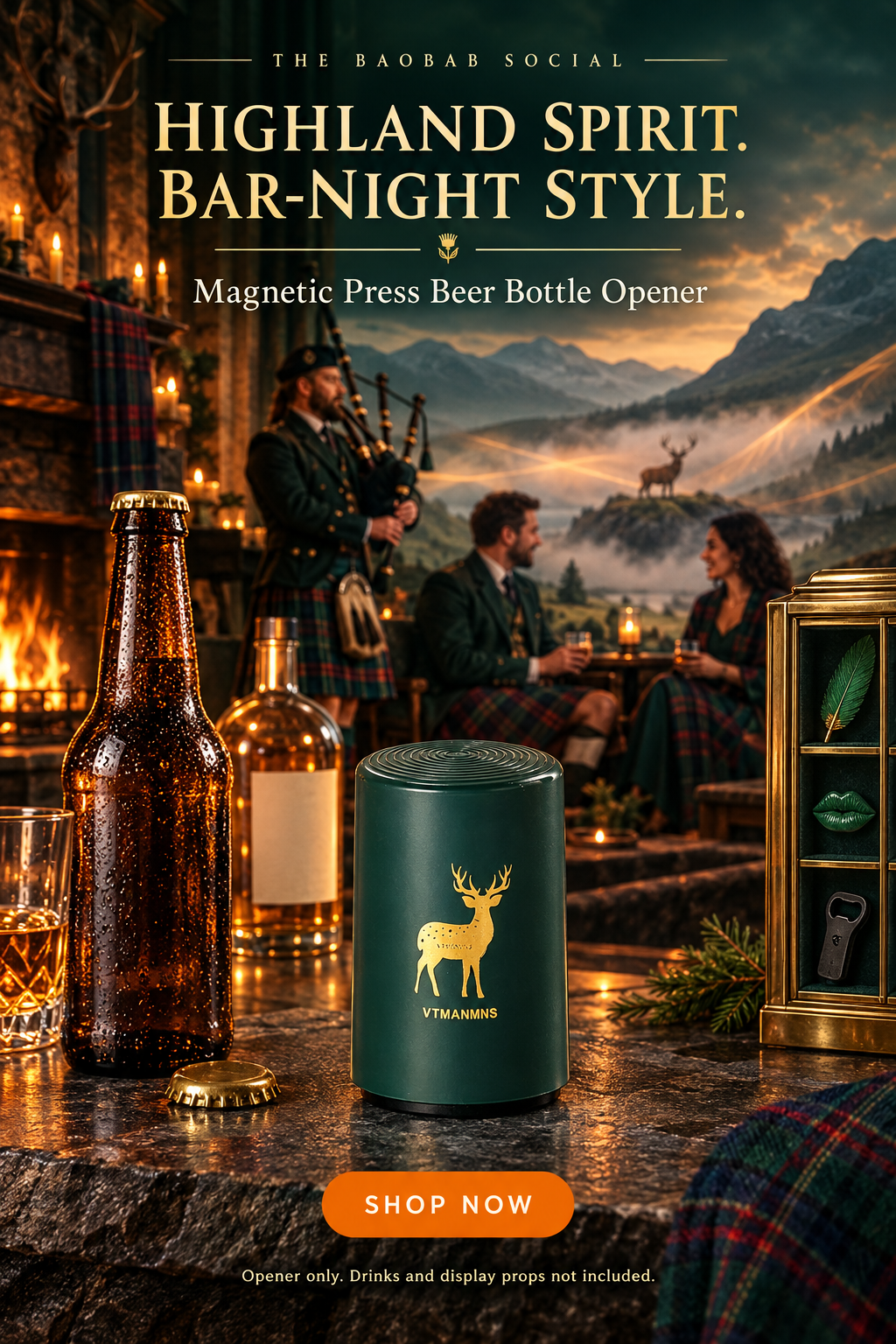Highland-inspired stag bottle opener campaign with bagpipes, tartan kilts and Scotch atmosphere