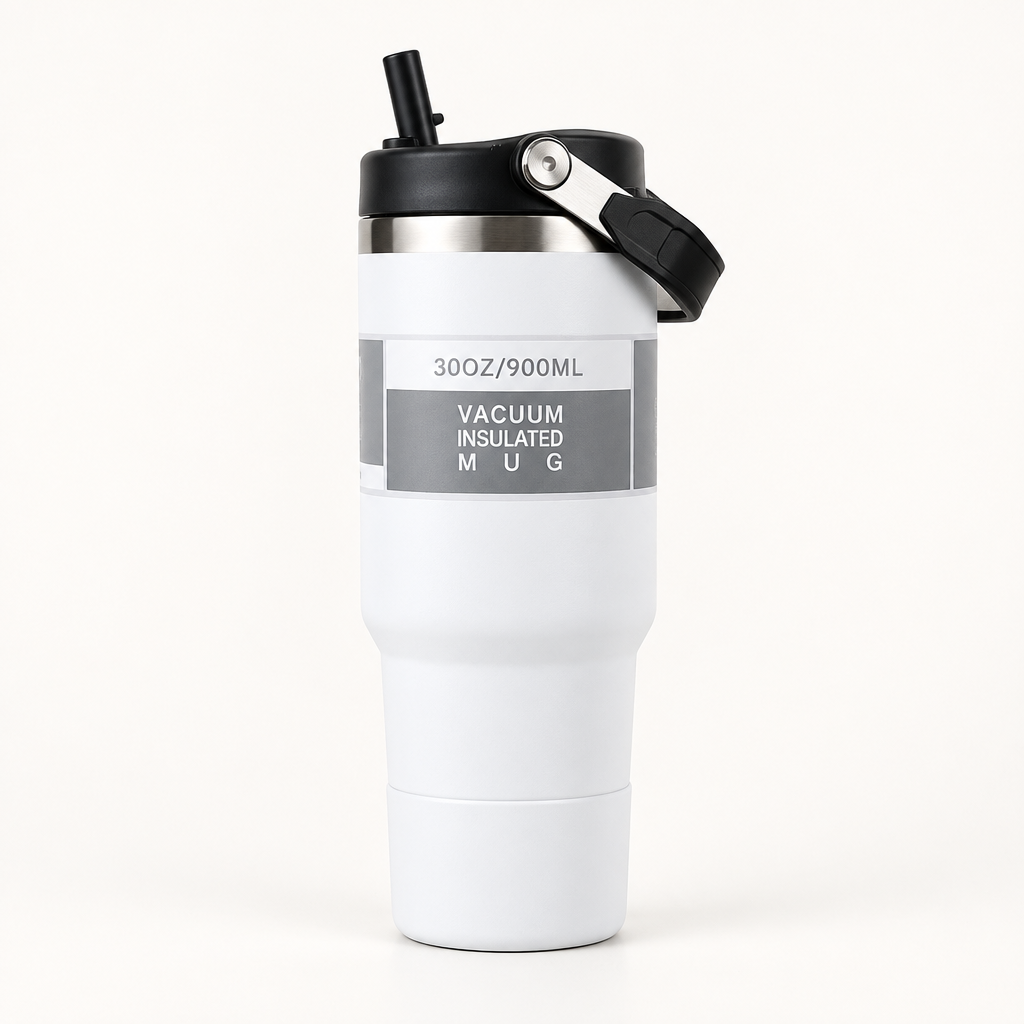 White 900 ml insulated travel tumbler with carry handle on a clean background