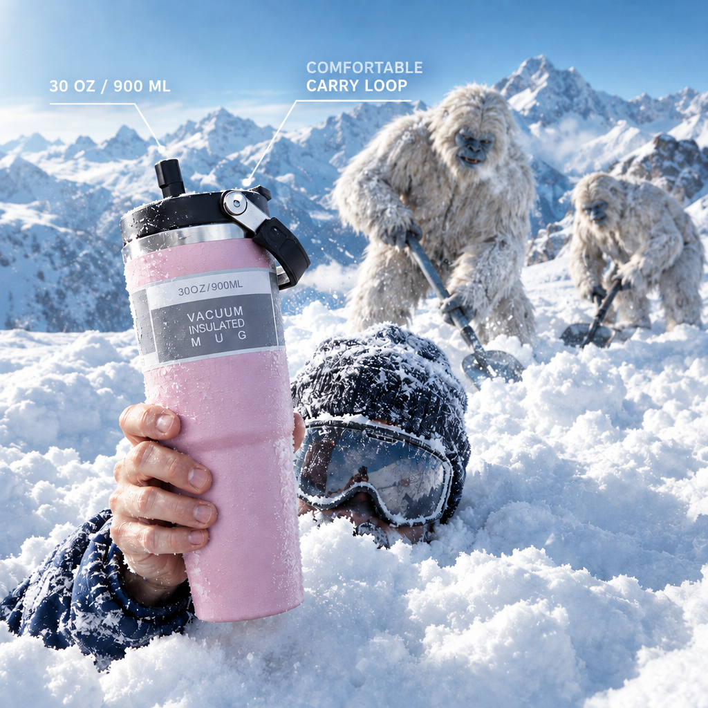 Fictional snowy yeti rescue tumbler advertisement