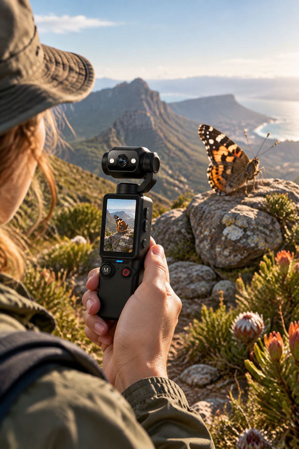 Fictional giant butterfly on a hiking trail with the handheld pocket camera