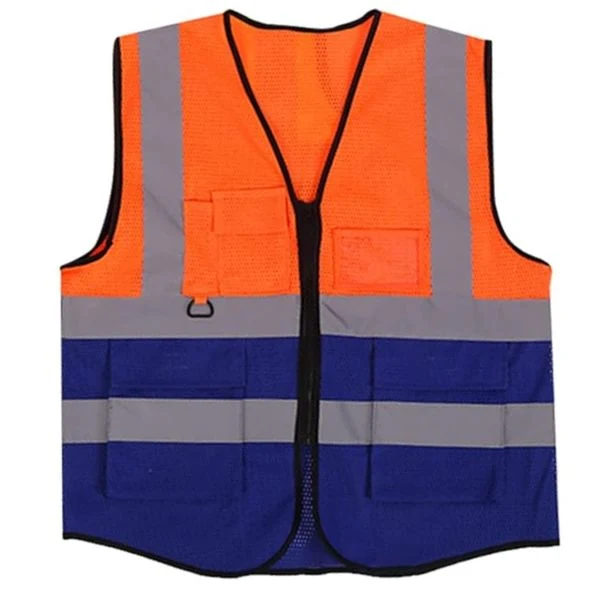Model wearing the orange and navy hi-vis safety vest
