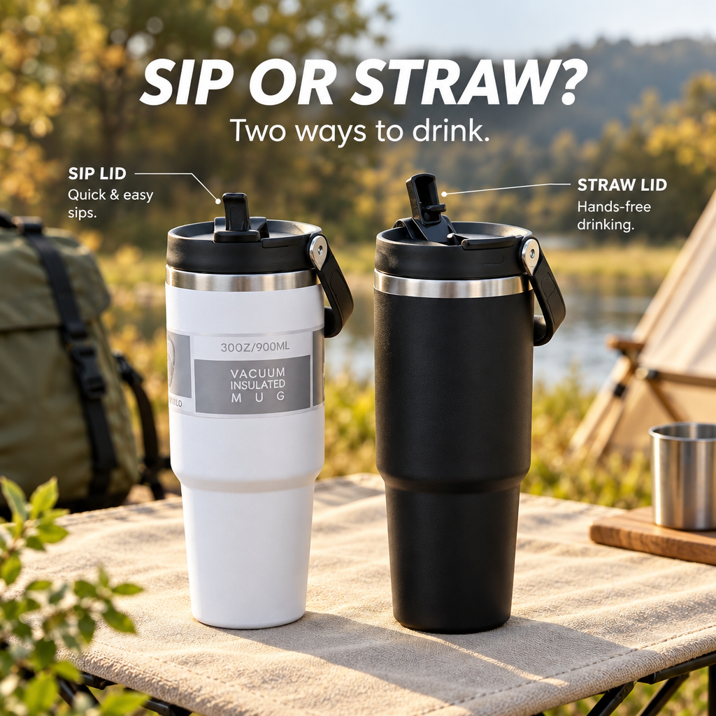 Travel tumblers showing two drinking options on the flip lid