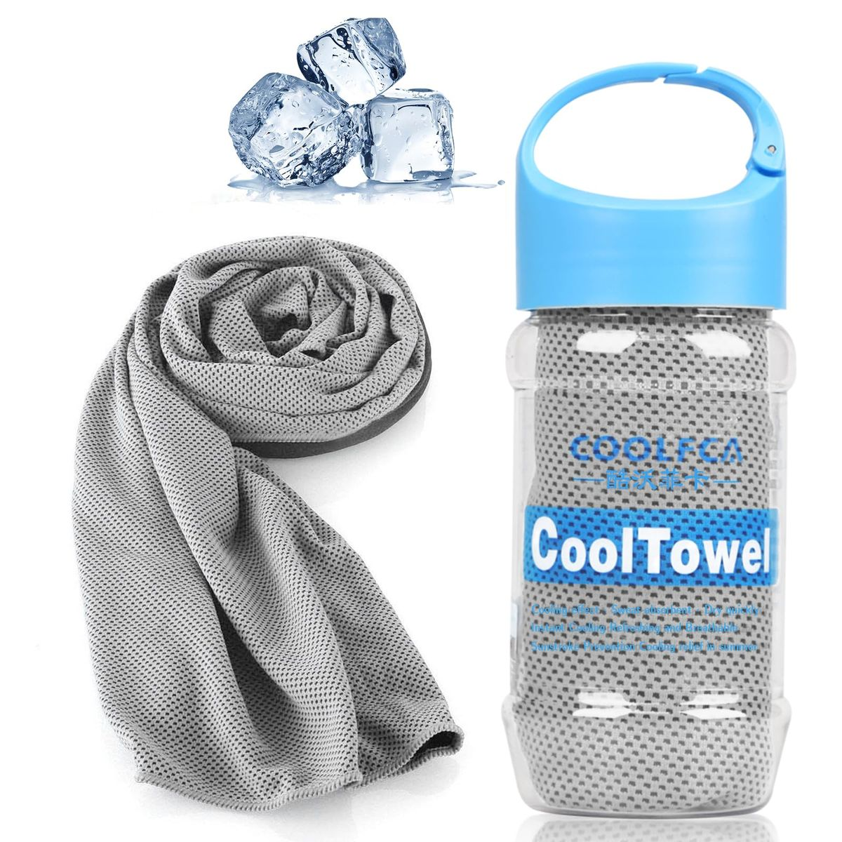 Grey cooling towel rolled beside its clear carry bottle with ice cubes