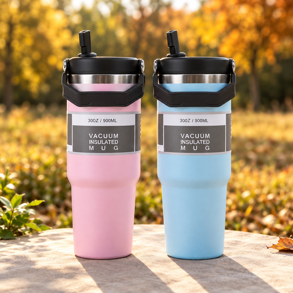Pink and blue insulated travel tumblers side by side