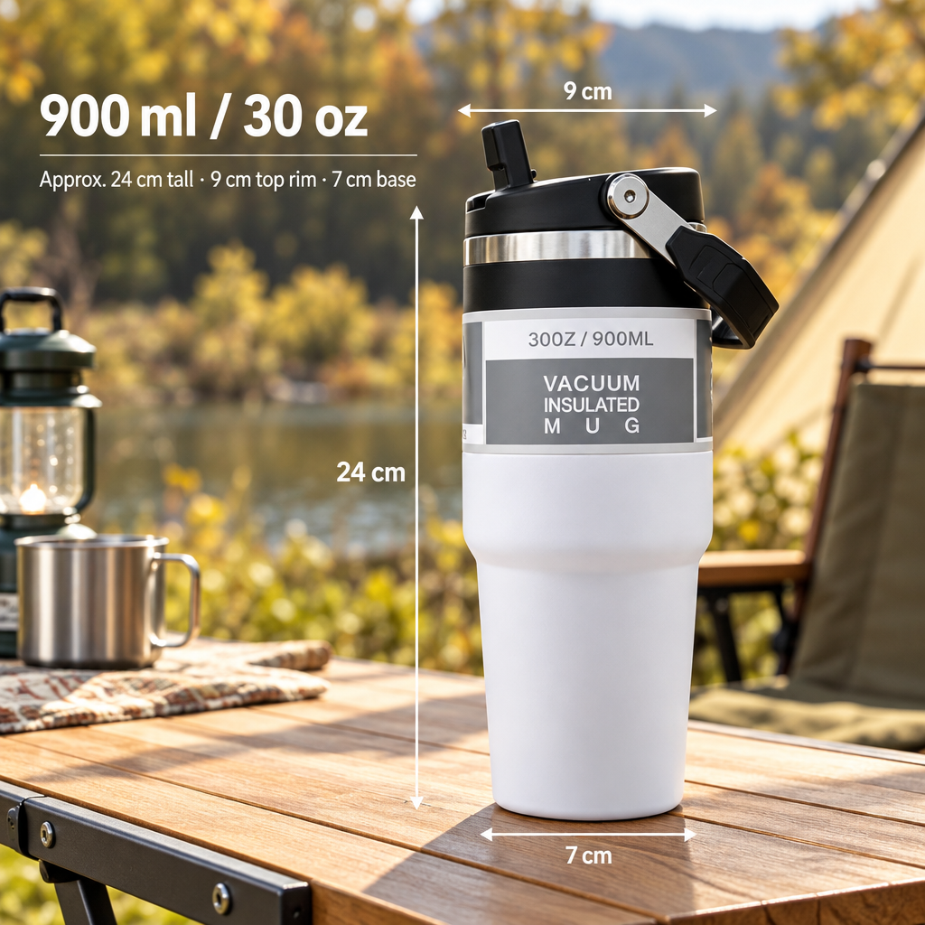 900 ml travel tumbler with approximate height and diameter dimensions
