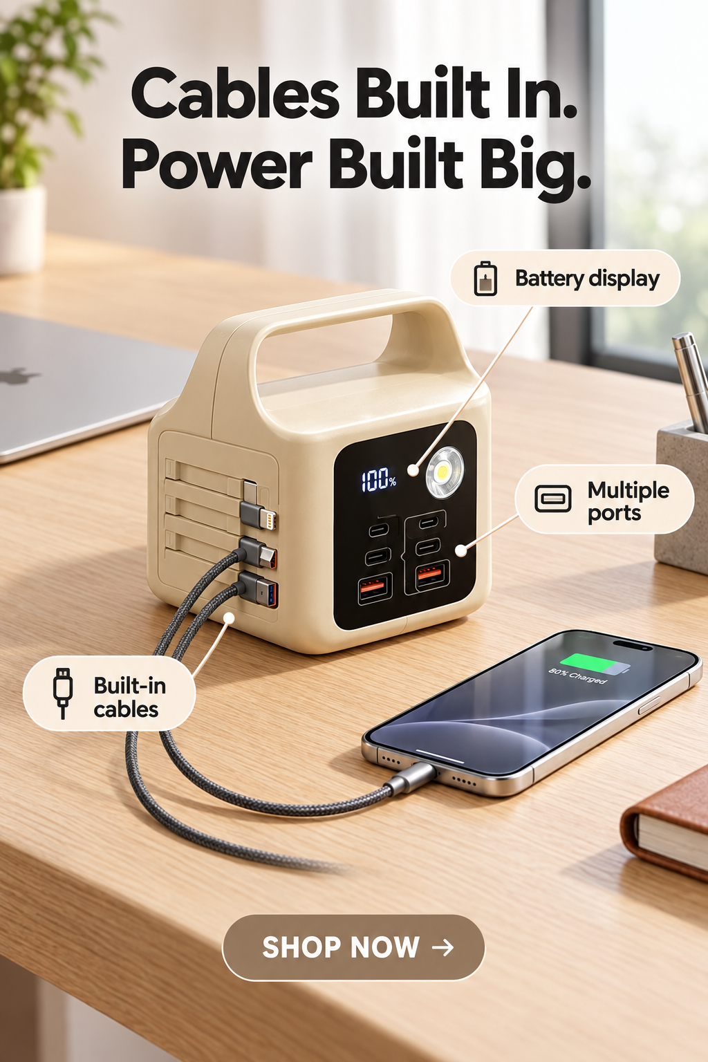 Power bank built-in cables detail