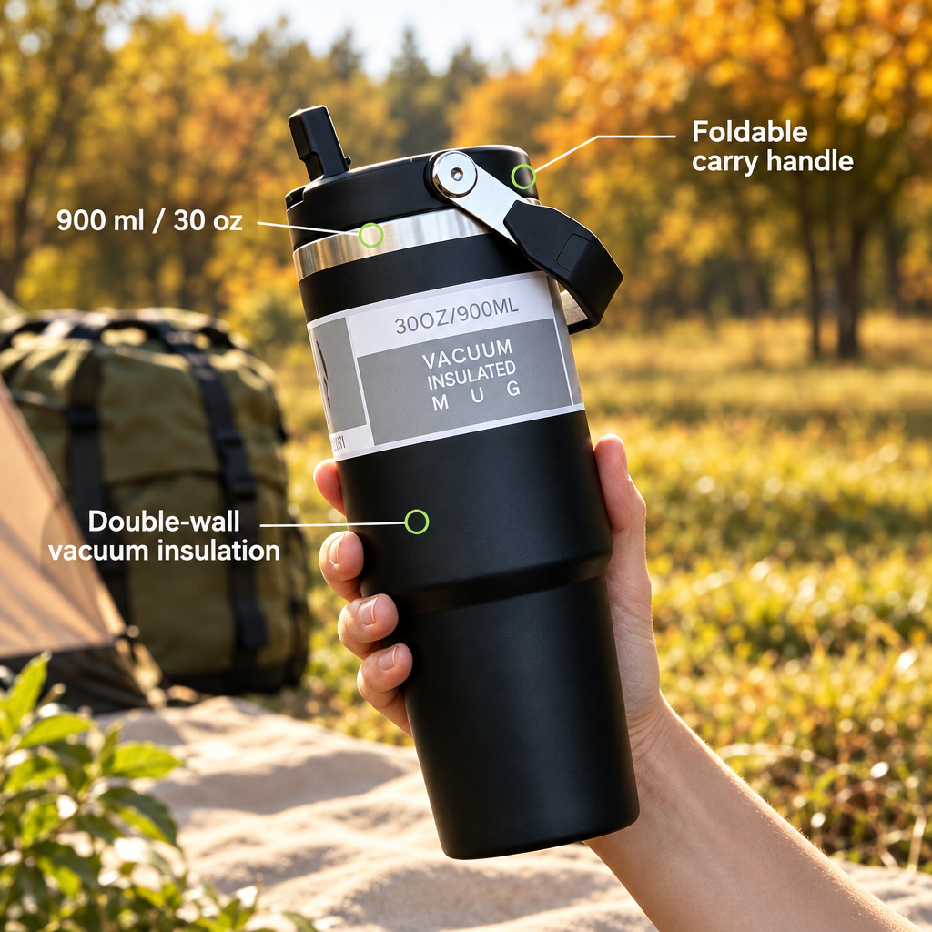 Black 900 ml insulated travel tumbler with carry handle and feature callouts