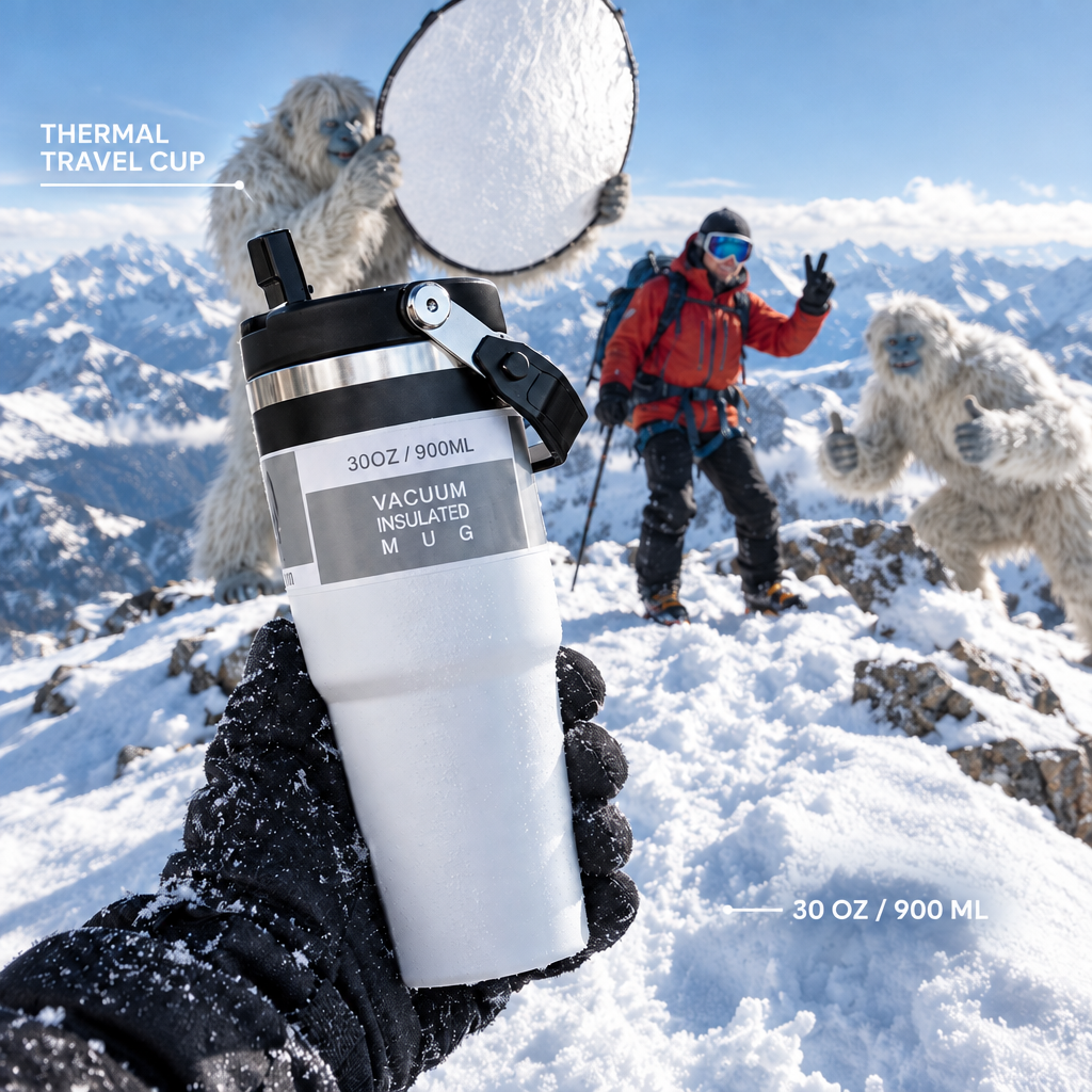 Fictional mountain summit tumbler advertisement