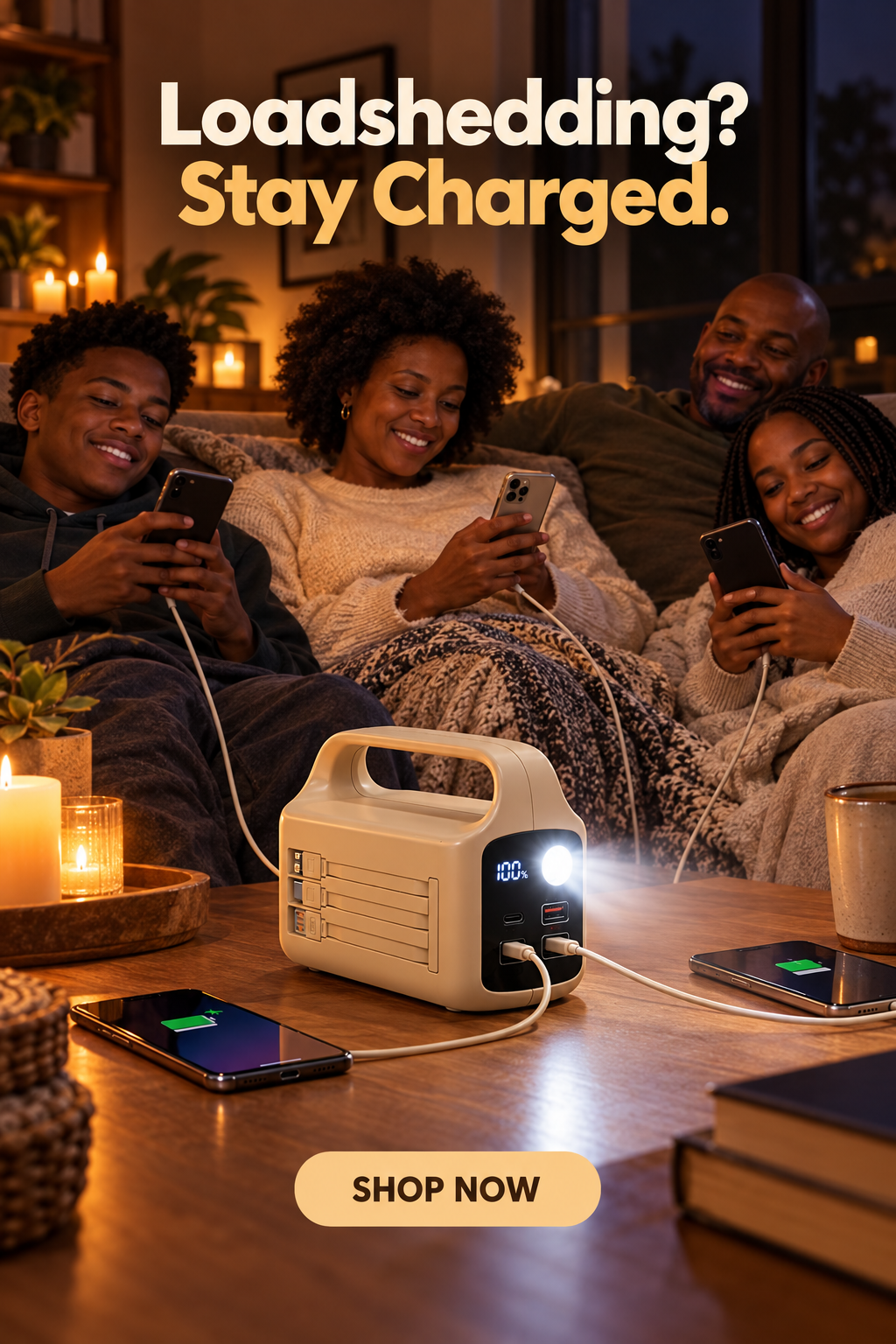 Power bank charging phones during loadshedding
