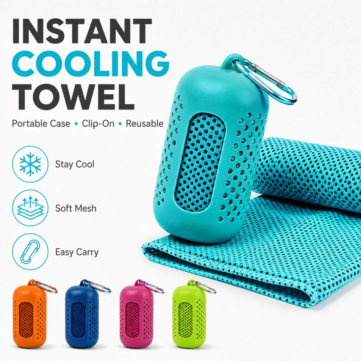 Cyan cooling towel with perforated silicone case and carabiner clip