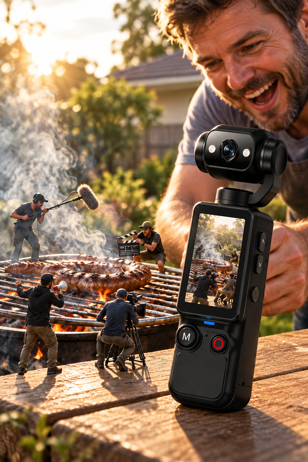 Fictional miniature film crew at a braai photographed with the handheld camera
