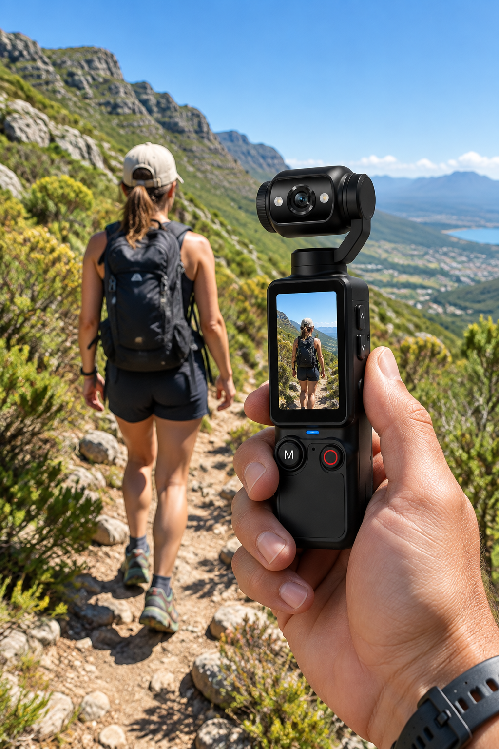 Adult creator filming outdoors with a compact handheld pocket camera