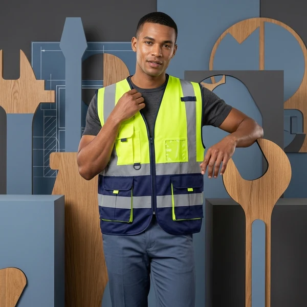 Orange and navy hi-vis safety vest with reflective tape and ID pocket