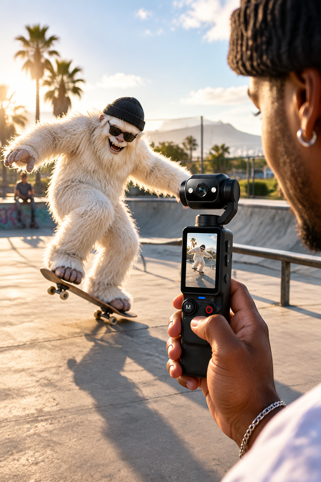 Fictional friendly yeti skate park scene with a compact handheld camera