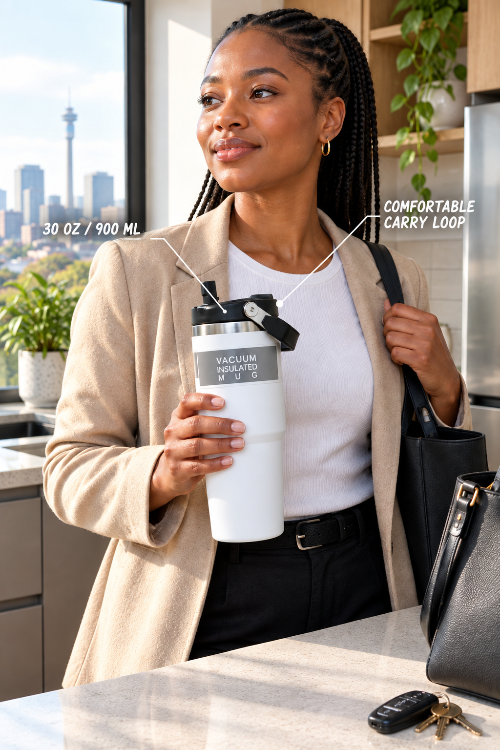 Insulated travel tumbler in a morning commute lifestyle scene