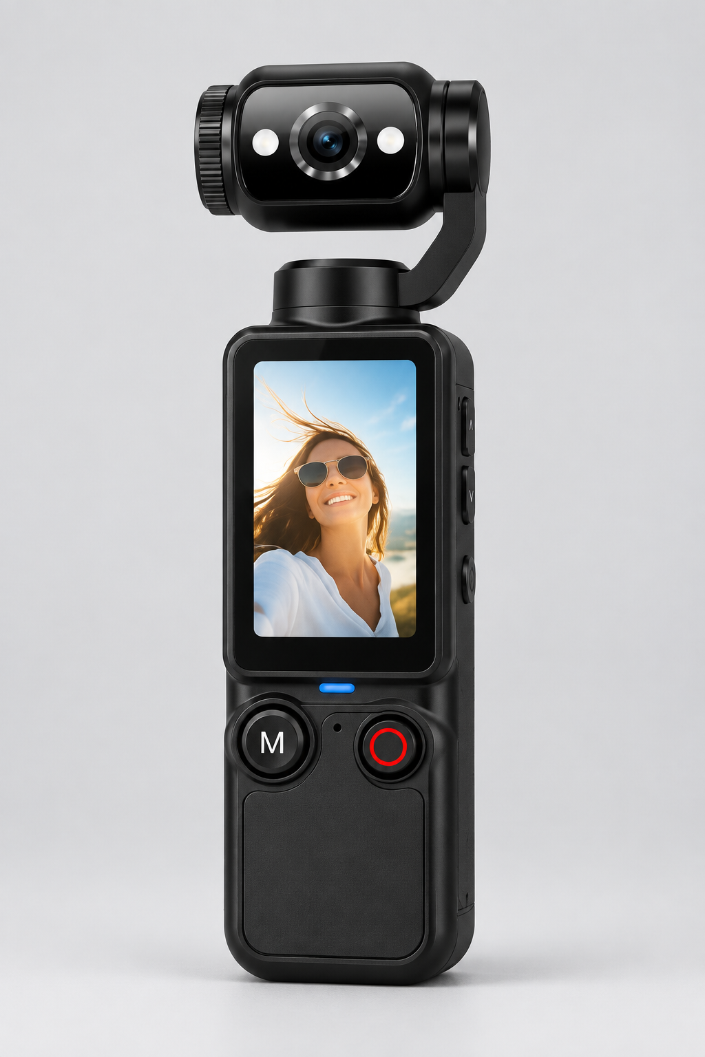 Compact black rotating-lens pocket camera on a neutral studio background