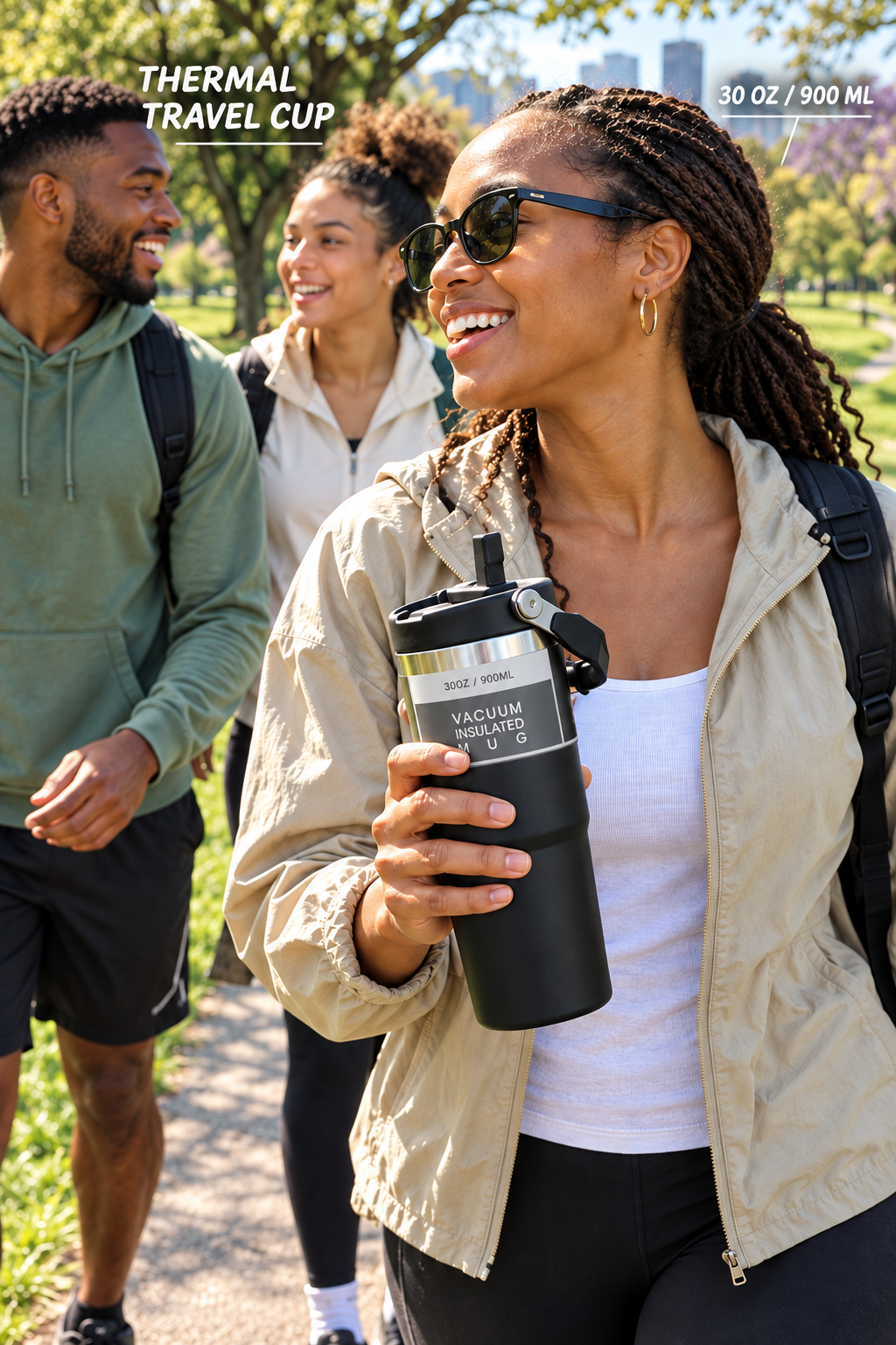 Travel tumbler in an outdoor park lifestyle scene