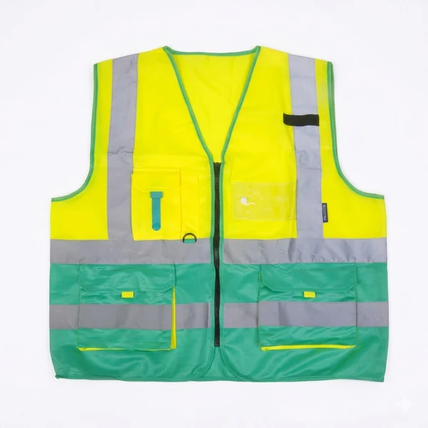 Two-tone lime and navy hi-vis safety vest with reflective tape, front zip and pockets