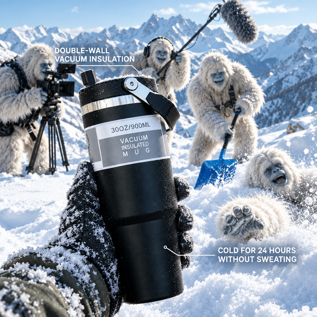Fictional winter film crew tumbler advertisement