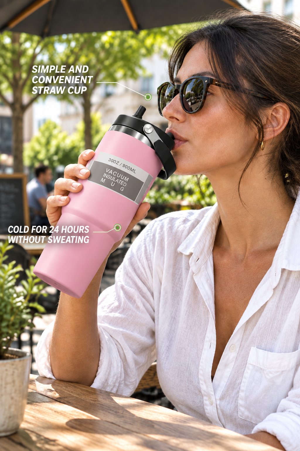 Pink travel tumbler in a cafe lifestyle scene