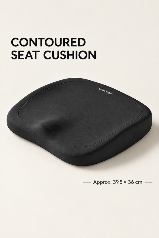 Black contoured seat cushion with approximate 39.5 by 36 centimetre dimensions