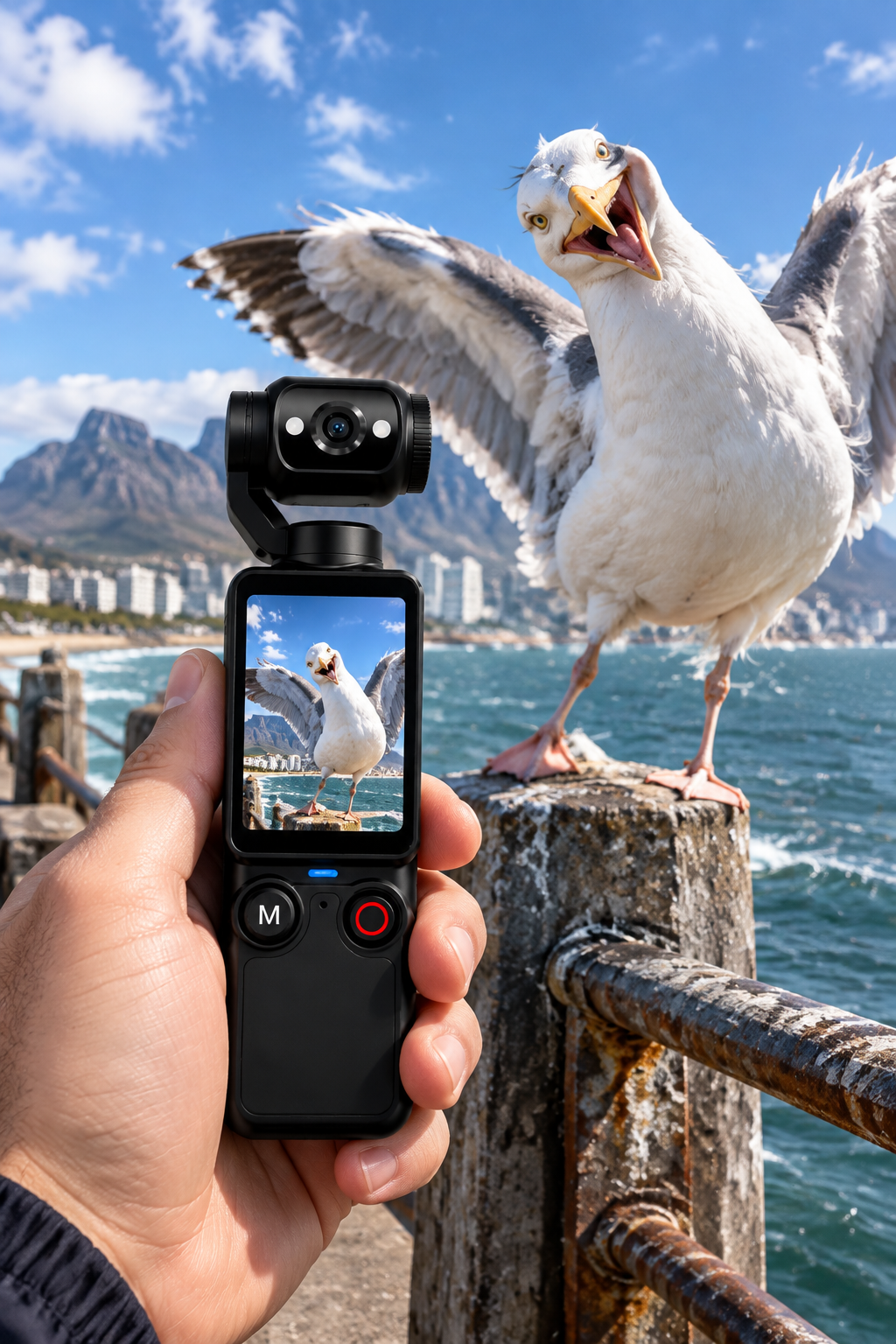 Fictional seaside scene with a giant friendly seagull and handheld pocket camera