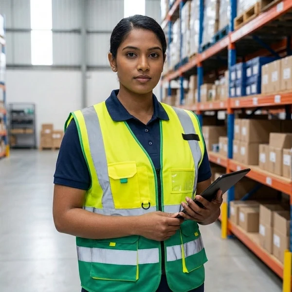 Worker wearing the lime and navy hi-vis safety vest