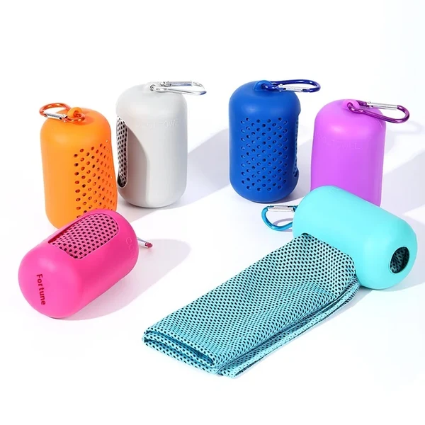 Blue silicone cooling towel case with carabiner