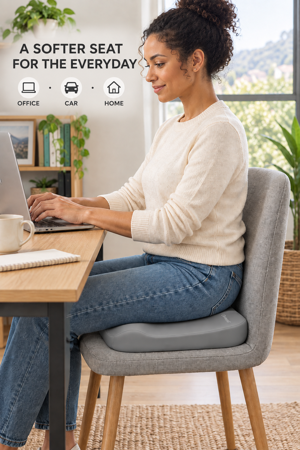 Grey seat cushion in a home office with office car and home use text