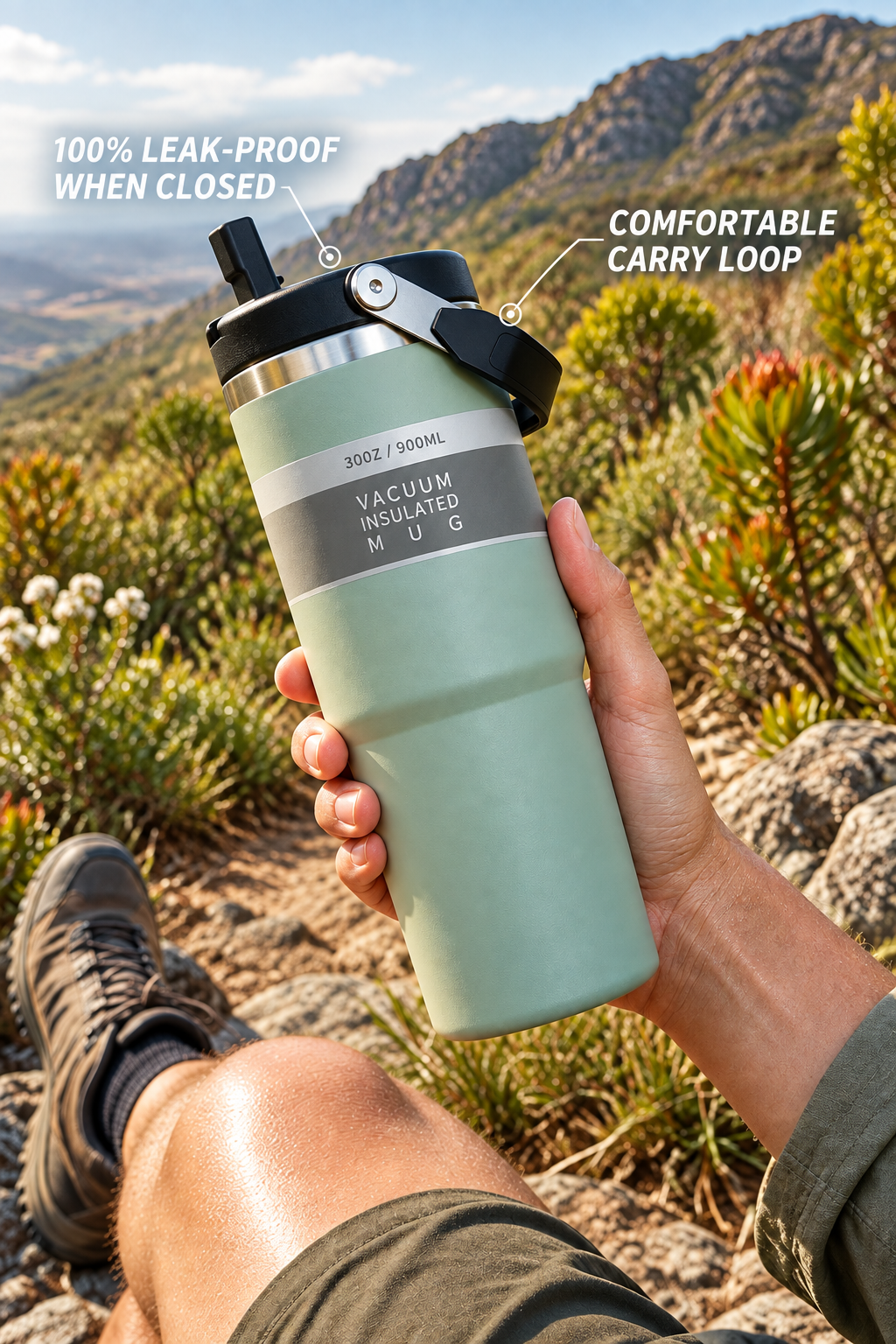 Travel tumbler at an outdoor hiking rest stop