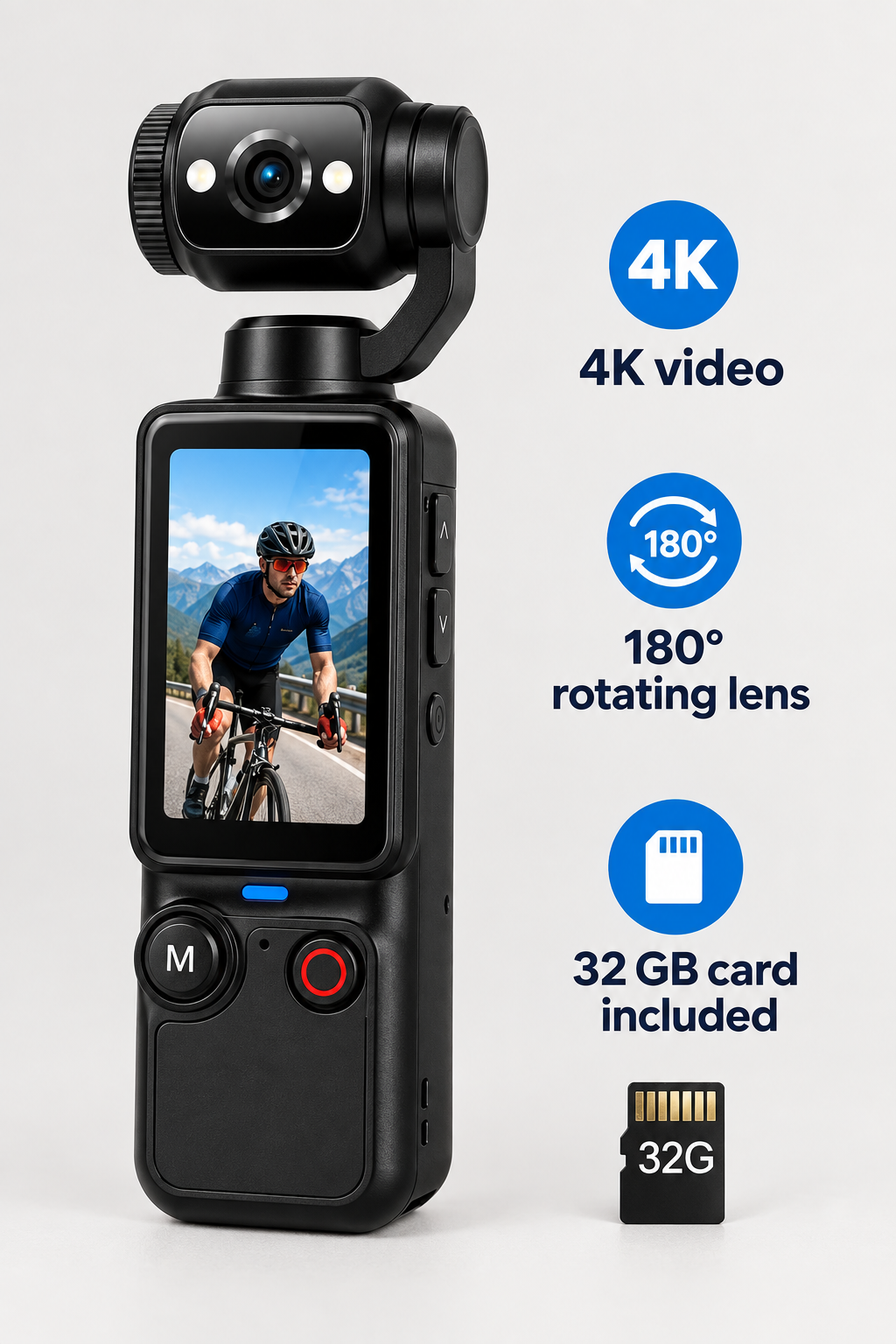 4K pocket camera with rotating lens and 32GB card feature information