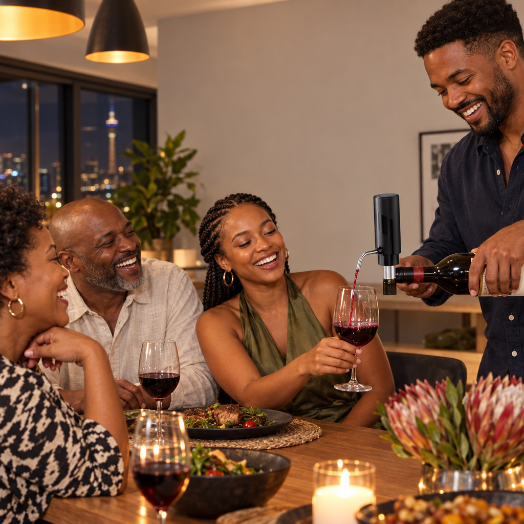 Friends at a Johannesburg dinner party pouring wine through the aerator
