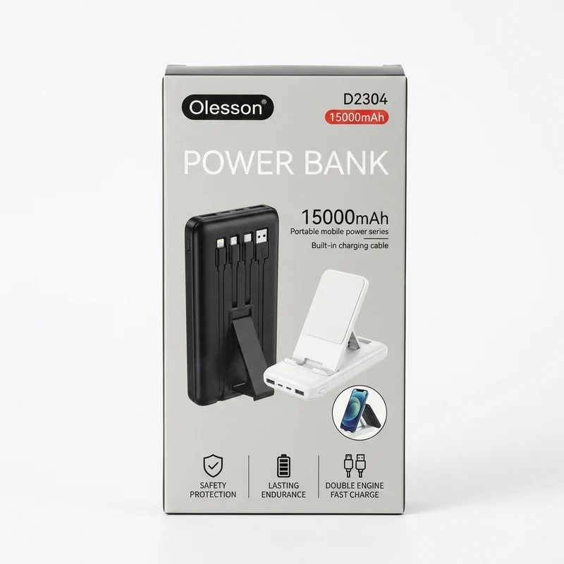 Olesson D2304 15000mAh power bank retail box showing built-in charging cables and phone stand