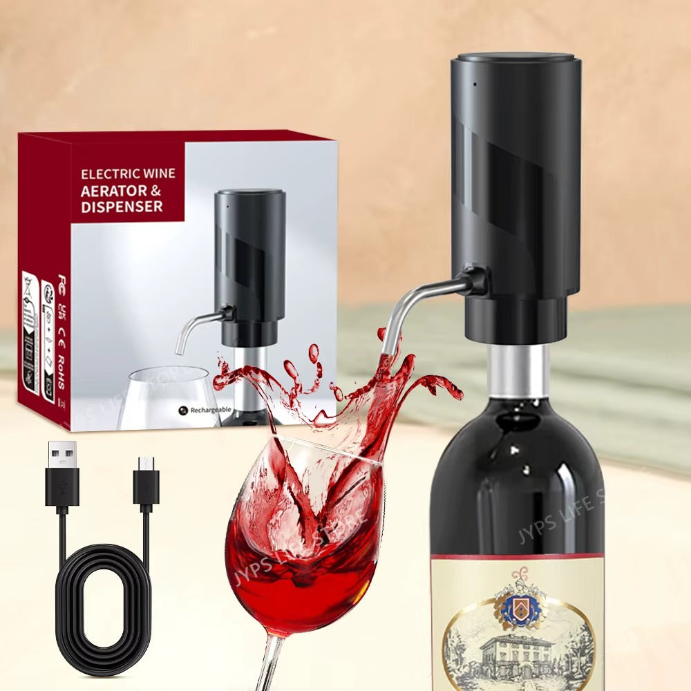Electric wine aerator and dispenser mounted on a wine bottle pouring red wine into a glass